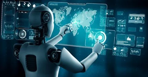 AI hominoid robot touching virtual hologram screen showing concept of big data Stock Illustration