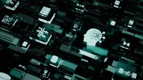 AI Human Brain Digital Network Data Flow Futuristic Teal Circuit Board Inno.. Foto stock