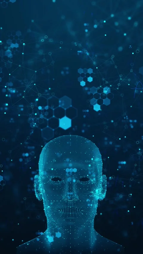AI human face network background cyan hologram head, glowing nodes, and science Stock Footage 340549003