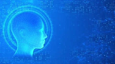 AI Human Head with Blue Plexus Brain and Binary Code Stock Footage 303330663