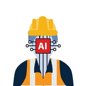AI Humanoid Construction Worker with Processor Head Vector Illustration Illustrazione stock