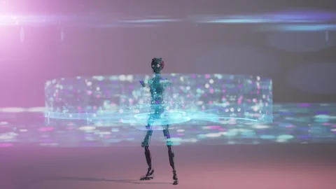 Ai humanoid robot dancing with abstract radial digital shapes leds wall.  Video stock 268628878