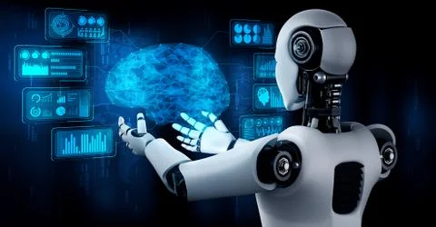 AI humanoid robot holding virtual hologram screen showing concept of AI brain Stock Illustration