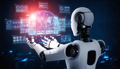 AI humanoid robot holding virtual hologram screen showing concept of big data Stock Illustration