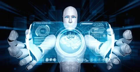 AI humanoid robot holding virtual hologram screen showing concept of AI brain Stock Illustration