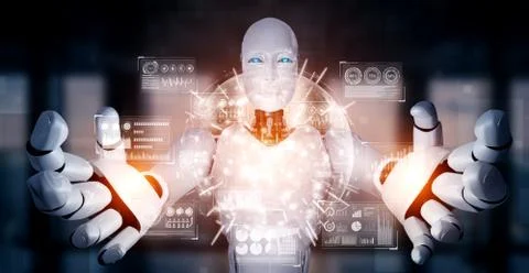 AI humanoid robot holding virtual hologram screen showing concept of big data Stock Illustration