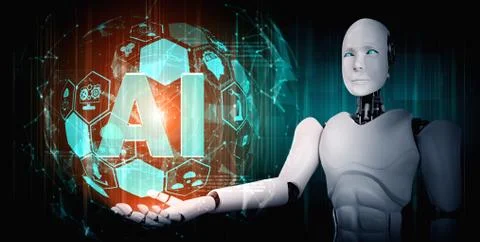 AI humanoid robot holding virtual hologram screen showing concept of AI brain Stock Illustration