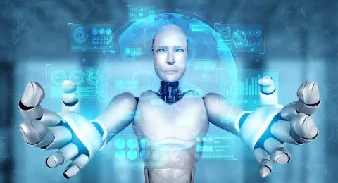 AI humanoid robot holding virtual hologram screen showing concept of big data 스톡 일러스트