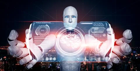 AI humanoid robot holding virtual hologram screen showing concept of AI brain Stock Illustration