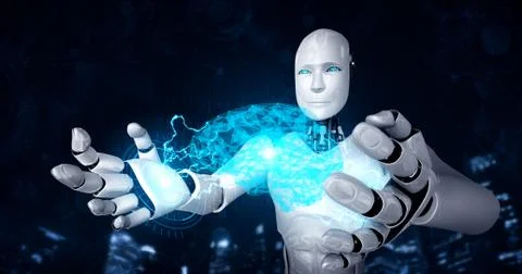 AI humanoid robot holding virtual hologram screen showing concept of AI brain Stock Illustration