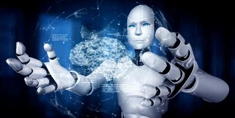 AI humanoid robot holding virtual hologram screen showing concept of AI brain 库存插图