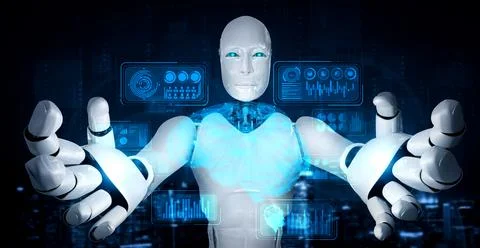 AI humanoid robot holding virtual hologram screen showing concept of big data Stockillustratie
