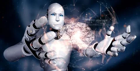 AI humanoid robot holding virtual hologram screen showing concept of AI brain Stock Illustration