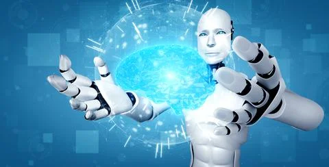 AI humanoid robot holding virtual hologram screen showing concept of AI brain Stockillustratie