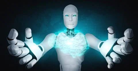 AI humanoid robot holding virtual hologram screen showing concept of AI brain Stock Illustration