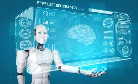 AI humanoid robot holding virtual hologram screen showing concept of AI brain Stock Illustration
