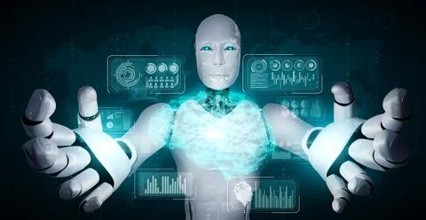 AI humanoid robot holding virtual hologram screen showing concept of big data Stock Illustration