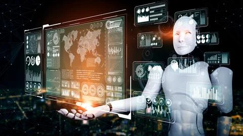 AI humanoid robot holding virtual hologram screen showing concept of big data Stockillustratie