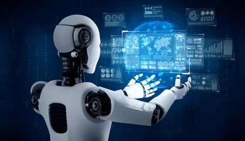 AI humanoid robot holding virtual hologram screen showing concept of big data Stock Illustration