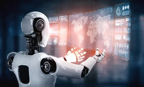 AI humanoid robot holding virtual hologram screen showing concept of big data Stock Illustration
