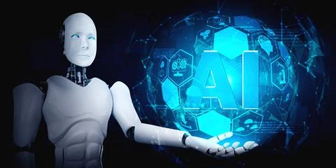 AI humanoid robot holding virtual hologram screen showing concept of AI brain Stock Illustration