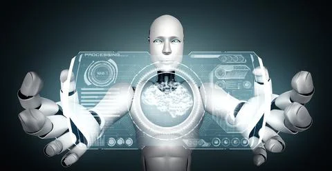 AI humanoid robot holding virtual hologram screen showing concept of AI brain 스톡 일러스트