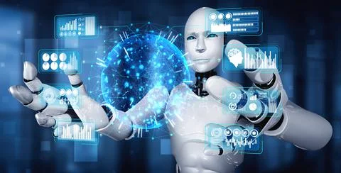 AI humanoid robot holding virtual hologram screen showing concept of big data Stock Illustration