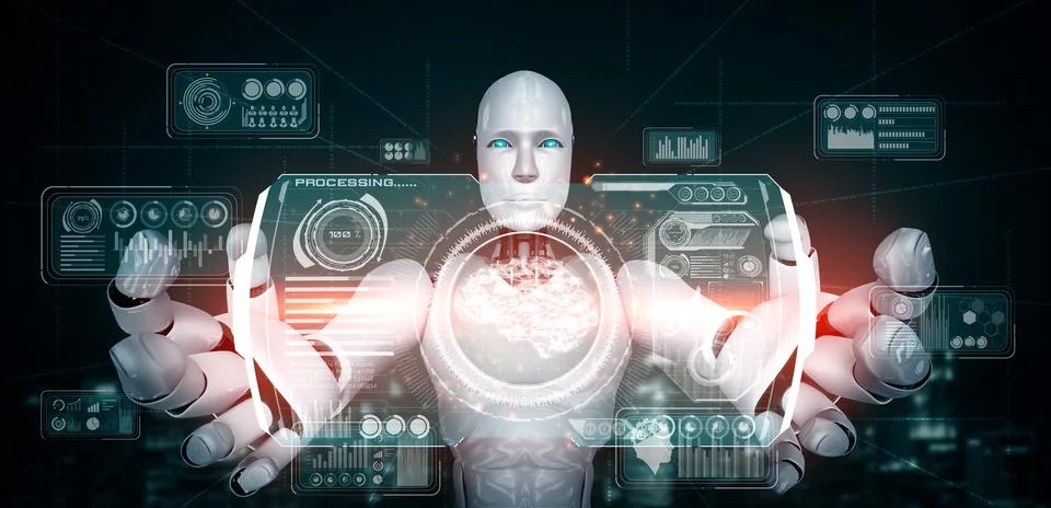 AI humanoid robot holding virtual hologram screen showing concept of big data Stock Illustration