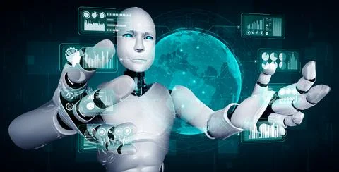 AI humanoid robot holding virtual hologram screen showing concept of big data 스톡 일러스트