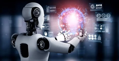 AI humanoid robot holding virtual hologram screen showing concept of big data Stockillustratie