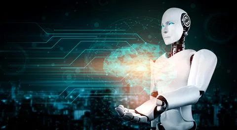 AI humanoid robot holding virtual hologram screen showing concept of AI brain Stock Illustration