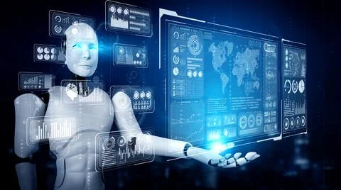 AI humanoid robot holding virtual hologram screen showing concept of big data Stock Illustration