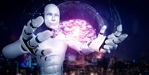 AI humanoid robot holding virtual hologram screen showing concept of AI brain Stock Illustration