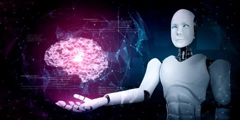 AI humanoid robot holding virtual hologram screen showing concept of AI brain Stock Illustration
