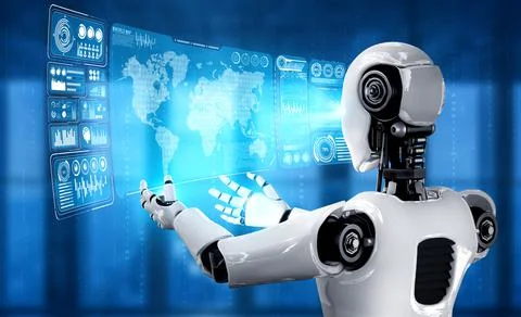 AI humanoid robot holding virtual hologram screen showing concept of big data 스톡 일러스트
