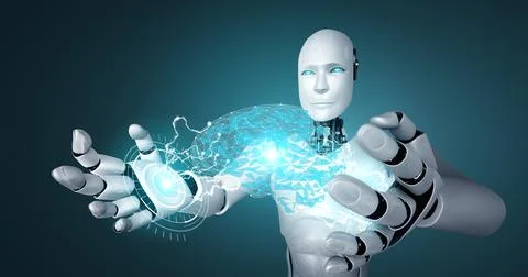 AI humanoid robot holding virtual hologram screen showing concept of AI brain 库存插图