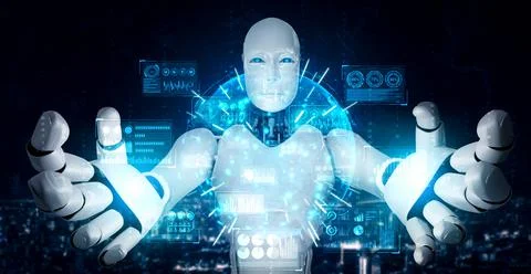 AI humanoid robot holding virtual hologram screen showing concept of big data Stock Illustration