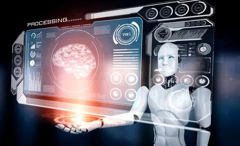 AI humanoid robot holding virtual hologram screen showing concept of AI brain Stock Illustration