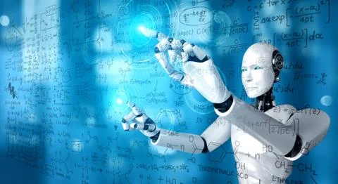 AI humanoid robot touch screen of mathematics formula and science equation Stock Illustration