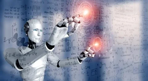 AI humanoid robot touch screen of mathematics formula and science equation イラスト素材