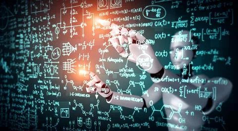 AI humanoid robot touch screen of mathematics formula and science equation Stock Illustration