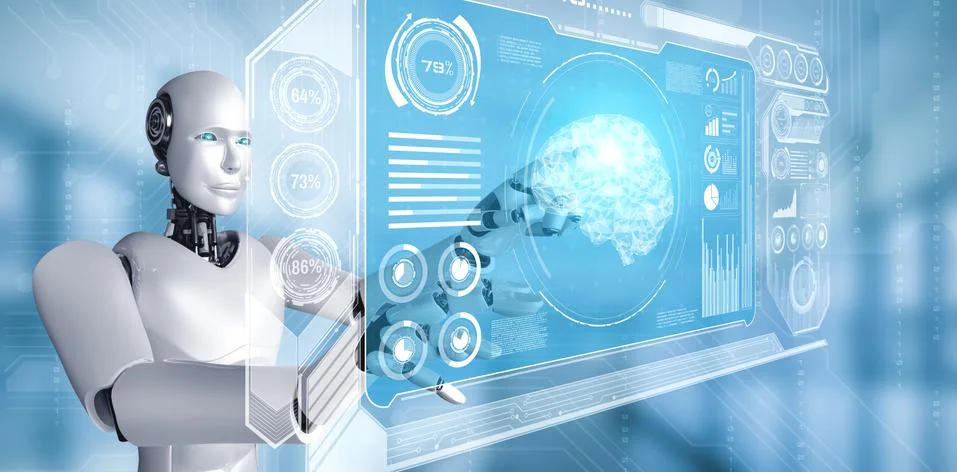 AI humanoid robot touching virtual hologram screen showing concept of AI brain イラスト素材