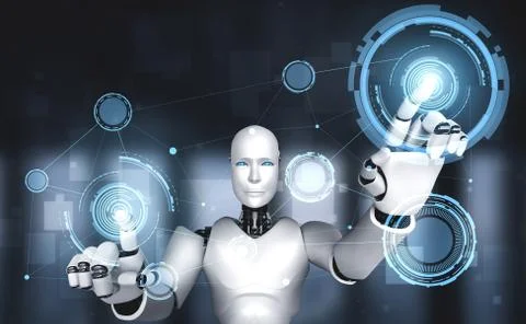 AI humanoid robot touching virtual hologram screen showing concept of AI brain Stock Illustration