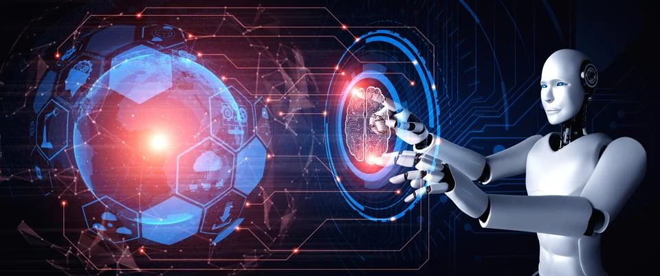 AI humanoid robot touching virtual hologram screen showing concept of big data Stock Illustration
