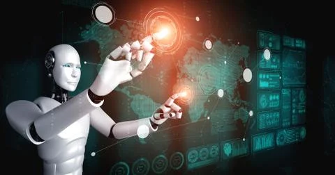 AI humanoid robot touching virtual hologram screen showing concept of big data 스톡 일러스트