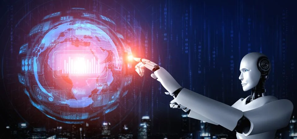 AI humanoid robot touching virtual hologram screen showing concept of big data 스톡 일러스트