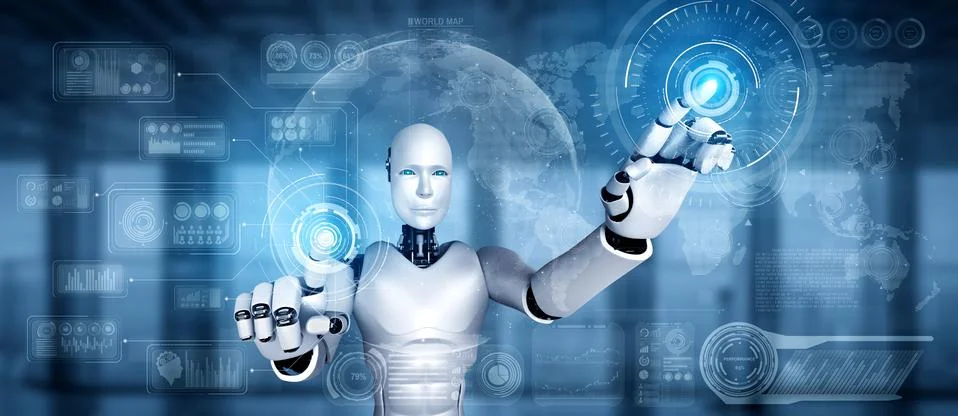 AI humanoid robot touching virtual hologram screen showing concept of big data Stockillustratie