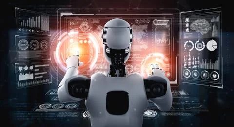 AI humanoid robot touching virtual hologram screen showing concept of big data Stock Illustration