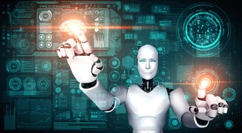 AI humanoid robot touching virtual hologram screen showing concept of big data Illustrazione stock