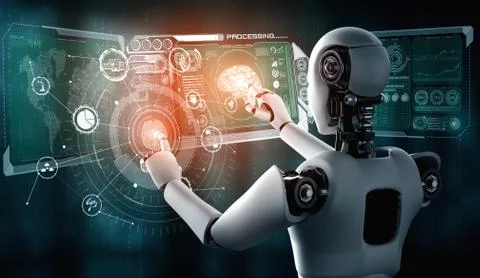 AI humanoid robot touching virtual hologram screen showing concept of AI brain 스톡 일러스트
